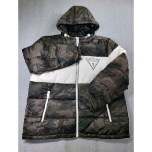 Guess Puffer Jacket Mens 2XL Colorblock Camo Triangle Logo Hood Zip Pockets